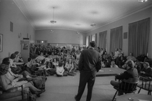 R1396-12 Two days before the Eastman Philharmonia concert, composer Krzystof Penderecki met with Eastman School composition students in a specially scheduled afternoon session. Director Walter Hendl introduced the composer, and Professor Samuel Adler appeared alongside him for part of the session.