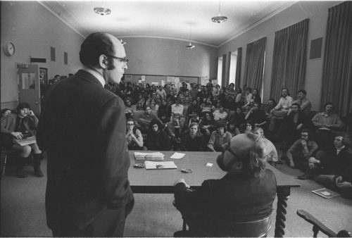 R1396-18 Two days before the Eastman Philharmonia concert, composer Krzystof Penderecki met with Eastman School composition students in a specially scheduled afternoon session. Director Walter Hendl introduced the composer, and Professor Samuel Adler appeared alongside him for part of the session.