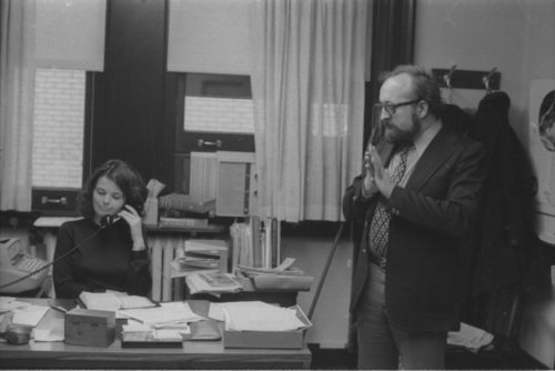 R1396-3 Two days before the Eastman Philharmonia concert, composer Krzystof Penderecki met with Eastman School composition students in a specially scheduled afternoon session. Director Walter Hendl introduced the composer, and Professor Samuel Adler appeared alongside him for part of the session.