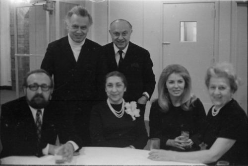 R1400-21 At the post-concert reception. Standing: Professor Frank Glazer and Markus Mizne (husband of Felicja Blumental). Seated: Krzystof Penderecki, Felicja Blumental, Mrs. Penderecki, and ESM Concert Office Manager Ruth Glazer.