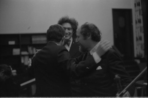 During intermission, members of the Guarneri Quartet share pleasantries with Professor Zvi Zeitlin (faculty member, violin, served 1967-2012) and Mrs. Zeitlin.