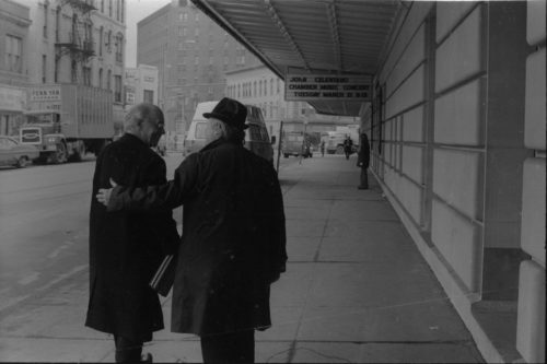 Guest artist Rudolf Serkin being escorted into the Eastman School by Professor Eugene List.