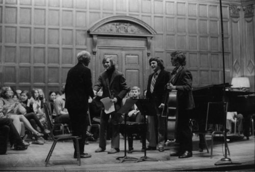 Guest artist Rudolf Serkin in master class with Eastman School students on the stage of Kilbourn Hall.