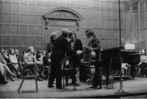 Guest artist Rudolf Serkin in master class with Eastman School students on the stage of Kilbourn Hall.