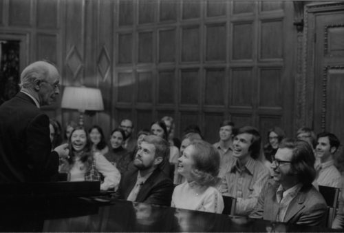 Guest artist Rudolf Serkin in master class with Eastman School students on the stage of Kilbourn Hall.