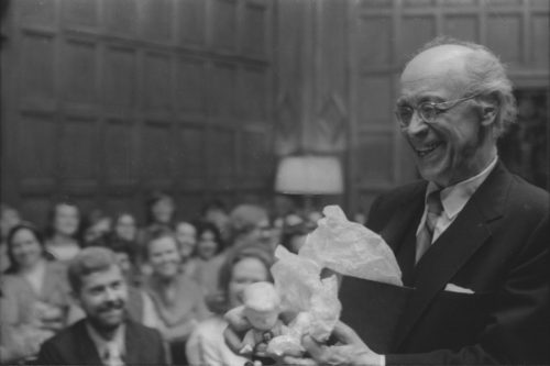 Guest artist Rudolf Serkin in master class with Eastman School students on the stage of Kilbourn Hall.