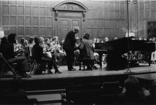 Guest artist Rudolf Serkin in master class with Eastman School students on the stage of Kilbourn Hall.