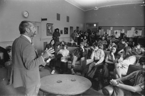 R1490-7A During the joint conference of the CBDNA and the National Wind Ensemble Conference in Rochester, Frederick Fennell met informally with Eastman School students on the afternoon of April 5th, 1972. Two days later he would make a guest conducting appearance with the ensemble that he had founded twenty years earlier.