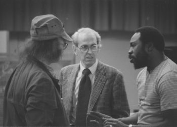 Thad Jones in conversation with Ray Wright and an unidentified member of the Eastman Jazz Ensemble