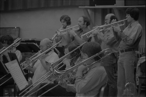 R2233-19 Eastman New Jazz Ensemble trumpeters and trombonists in rehearsal.