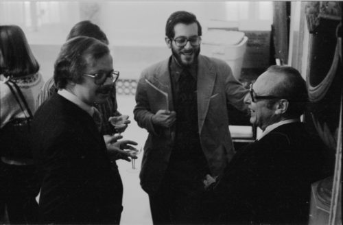 R2663-28A Musicology faculty members Jerald Graue and Ralph Locke in conversation with Mr. Schonberg after his lecture.