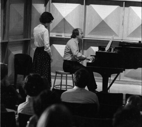 R2889-36 John Perry demonstrating a passage at the keyboard in Howard Hanson Hall.