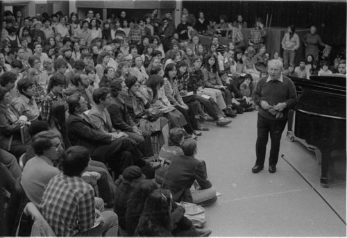 Violinist Isaac Stern addressing the assembled listeners during a master class at the Eastman School on February 19th, 1982.