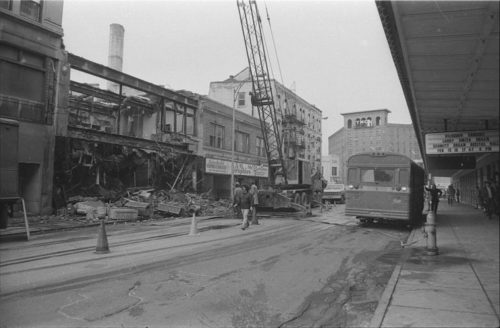 shots of demolition work on Gibbs Street taken from the south side