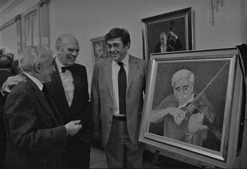 R3232-23 Professor John Celentano, artist John C. Menihan, and ESM Director Robert Freeman on Cominsky Promenade on October 13th, 1983