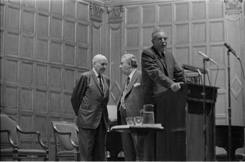 Four shots from the All-Convocation on March 5th, 1968 in Kilbourn Hall. Composer Khachaturian is seated together with Director Hendl, his wife, and his manager during the Composers’ Symposium; afterwards, on-stage in Kilbourn Hall are Director Hendl, Composer Khachaturian, Mr. Joseph Zarovich (the composer’s U.S. manager), and Dr. Wayne Barlow, moderator of the discussion portion of the event.