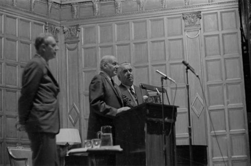 Four shots from the All-Convocation on March 5th, 1968 in Kilbourn Hall. Composer Khachaturian is seated together with Director Hendl, his wife, and his manager during the Composers’ Symposium; afterwards, on-stage in Kilbourn Hall are Director Hendl, Composer Khachaturian, Mr. Joseph Zarovich (the composer’s U.S. manager), and Dr. Wayne Barlow, moderator of the discussion portion of the event.
