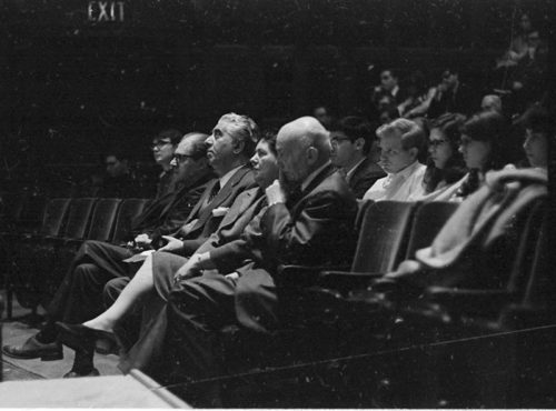 Four shots from the All-Convocation on March 5th, 1968 in Kilbourn Hall. Composer Khachaturian is seated together with Director Hendl, his wife, and his manager during the Composers’ Symposium; afterwards, on-stage in Kilbourn Hall are Director Hendl, Composer Khachaturian, Mr. Joseph Zarovich (the composer’s U.S. manager), and Dr. Wayne Barlow, moderator of the discussion portion of the event.
