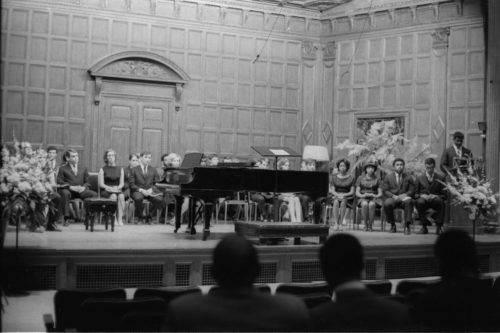 R582-11 At right are the speakers at the memorial service for Dr. Martin Luther King, Jr. on April 9th, 1969. William Crimm is standing at the lectern; seated to his right, from right to left, are Paul Burgett, Joseph Bias, Connie Jones, and Mary Henderson.