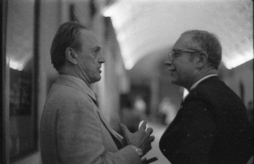 R691-20A Composers Alec Wilder and Wayne Barlow in conversation in the Eastman School’s Main Hall (today Lowry Hall) during the AHS 6th national conference, June, 1969