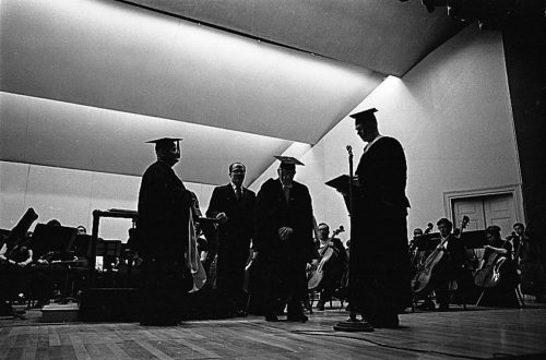 UR President W. Allen Wallis confers the honorary degree Doctor of Humane Letters on the guest composer.