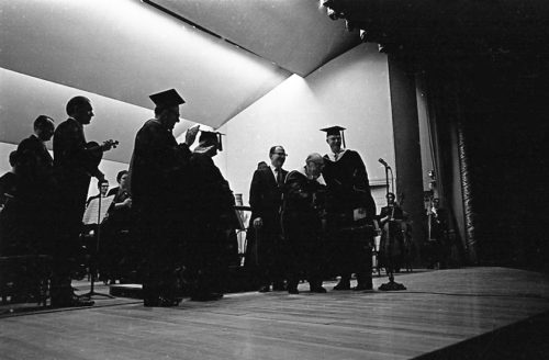 UR President W. Allen Wallis confers the honorary degree Doctor of Humane Letters on the guest composer.