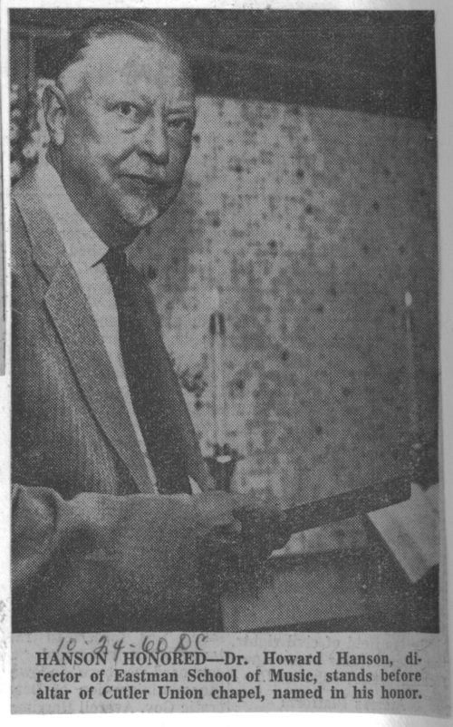 RS Sept-Nov 1960, page 108 HH photo detail resized A press photo of Howard Hanson standing by the chapel altar. Preserved in Rochester Scrapbook September/November, 1960, Sibley Music Library.