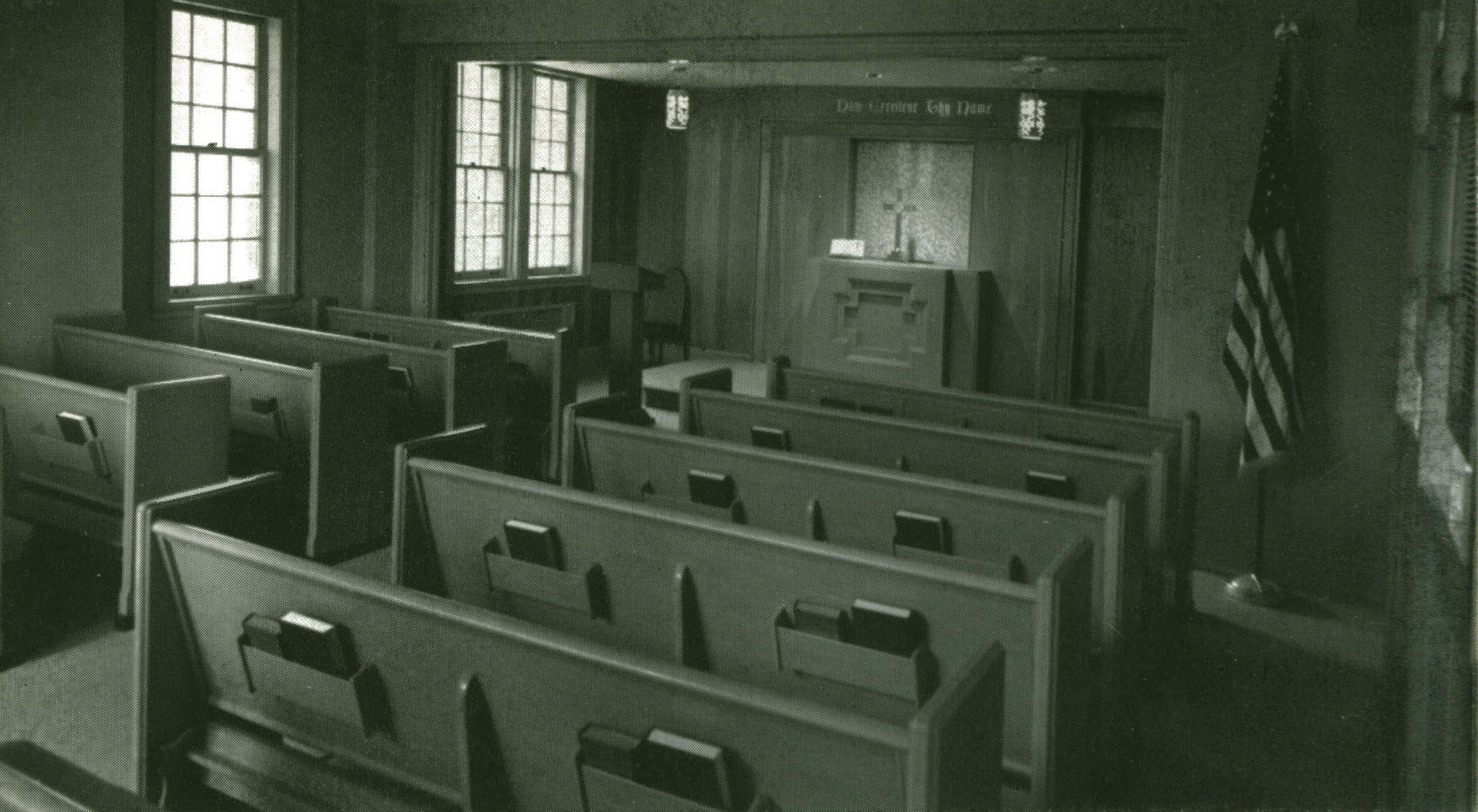 Riker 1963, page 10 detail chapel resized An early photo of the chapel’s interior, published in a profile of the Eastman School edited by faculty member Charles Riker (1963).