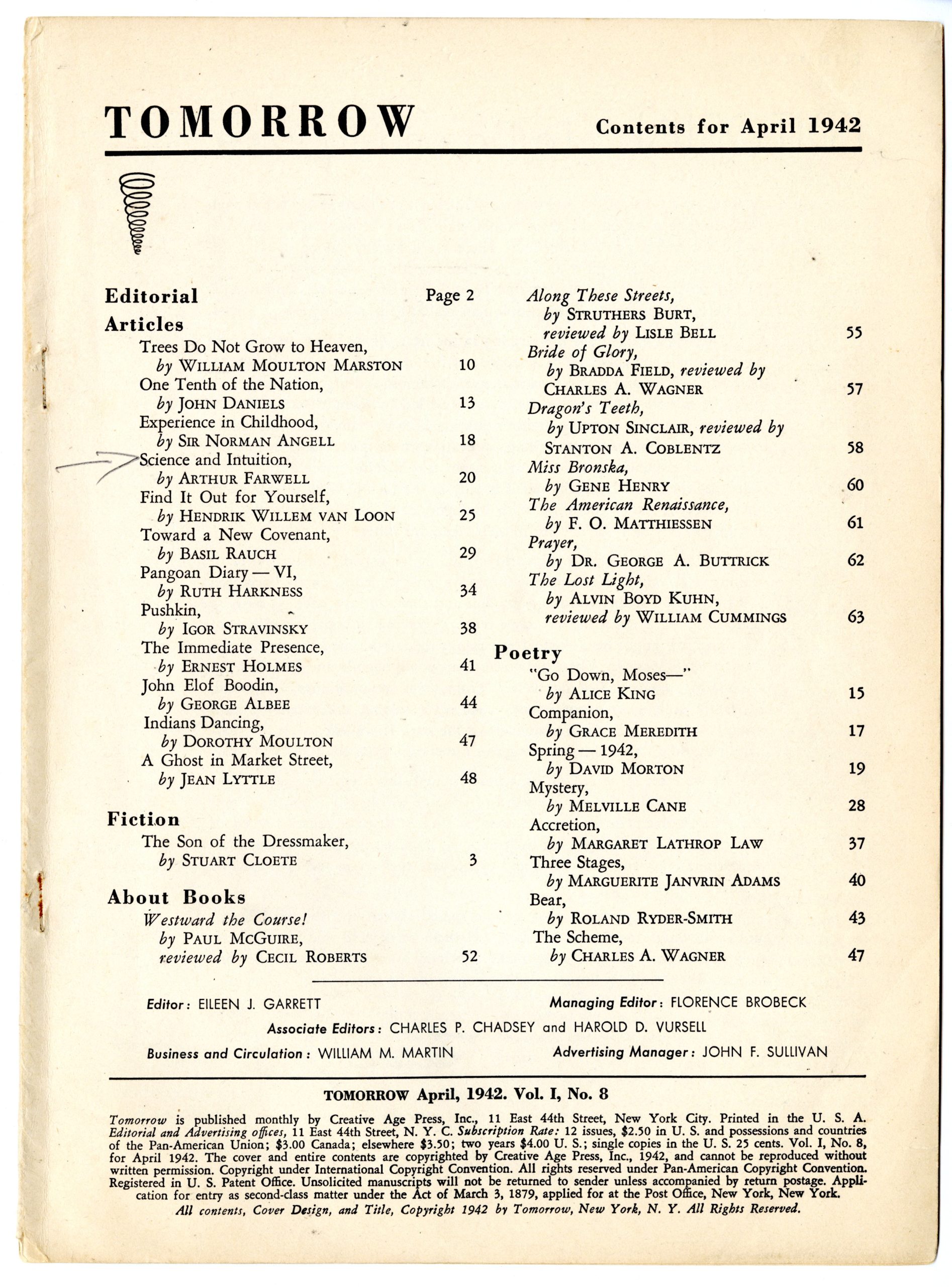 Tomorrow magazine, April 1942 issue table of contents. Tomorrow magazine, April 1942 issue table of contents.