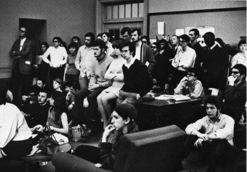 Eastman School students gathered in an organizational meeting following Kent State, May, 1970. Photographs published in The Score 1970.
