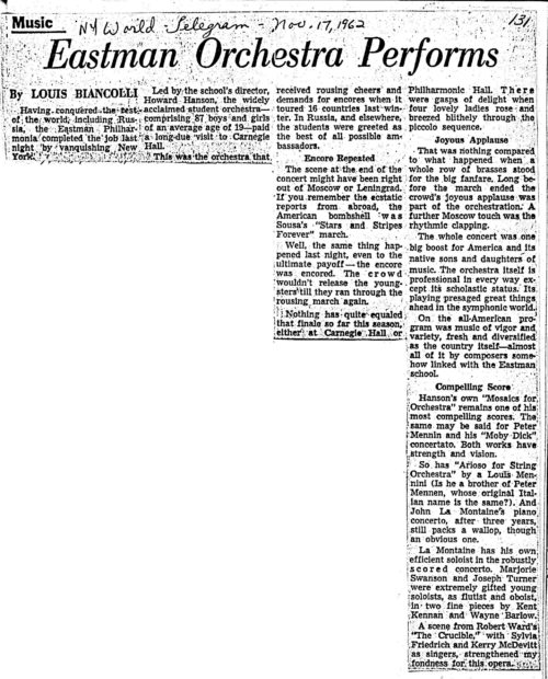 review in New York World Telegram, November 17, 1962 New York Scrapbook October-November 1962, page 131. Sibley Music Library.