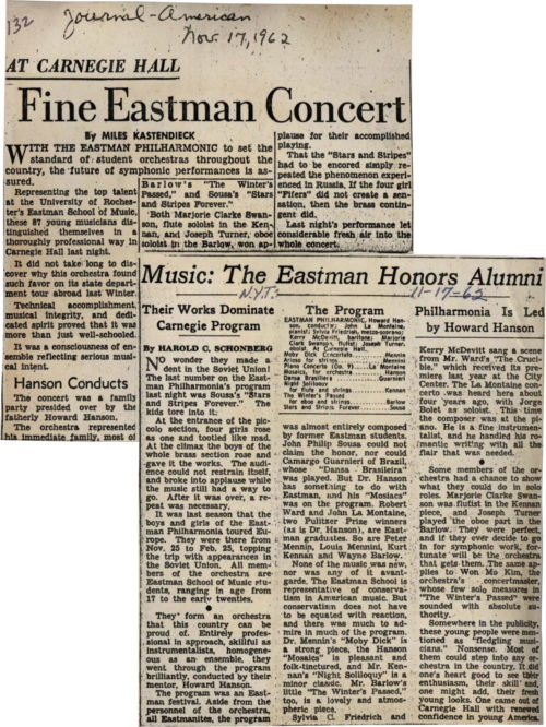 reviews in The New York Times and the Journal-American Two concert reviews from the New York City press. The review by Harold C. Schonberg, published in The New York Times on November 17th, 1962, must have been especially gratifying to Hanson and to the orchestra members. New York Scrapbook October-November 1962, page 132. Sibley Music Library.