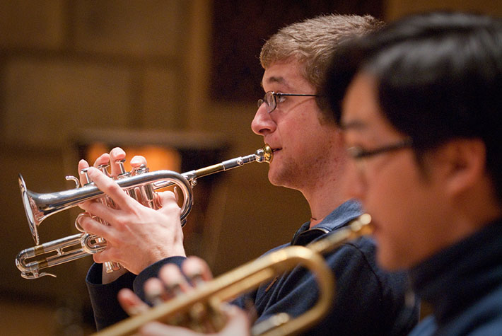 A student plays baroque trumpet in the Eastman Chamber Orchestra.
