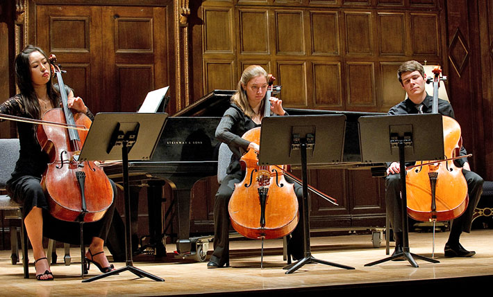 Three student cellists perform during A Day of Collaborative Music, January 2011