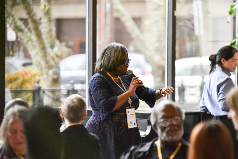 2023-11-04 SAI Lunch-Concert-Sproull Atrium-188_LS Dr. Crystal Sellers Battle, host and keynote speaker for Context Conference 2023, speaks to attendees at a luncheon in Sproull Atrium. Photo by Lauren Sageer.