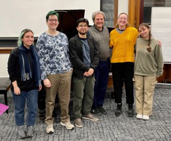 From L to R: Niyayesh Bagheri (composition), Wesley Benjamin (Jazz & Contemporary Media), Juan Alvarez Jimenez (viola), Eric Booth, Anika Grieve (cello), and Veronica Rokicki (violin). Photo credit: Sylvie Beaudette