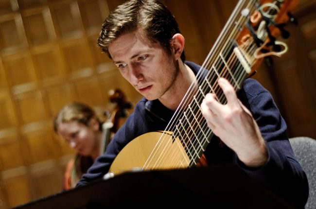 A student lutenist performs in Eastman’s Collegium Musicum, devoted to historically informed performance of Renaissance and Baroque music. A student lutenist performs in Eastman’s Collegium Musicum, devoted to historically informed performance of Renaissance and Baroque music.