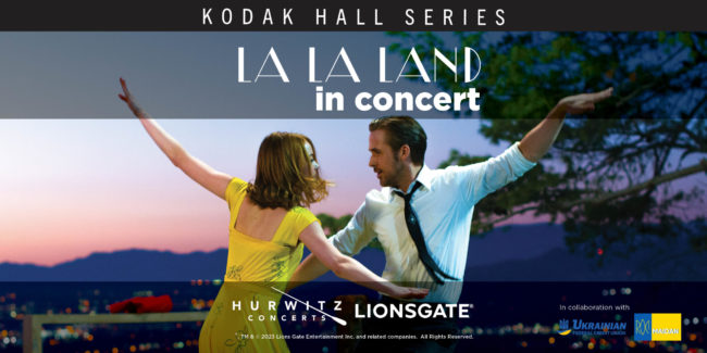 A Black banner with the Words "Kodak Hall Series" sits atop an aimage of Ryan Gosling and Emma Stone dancing from the film La La Land