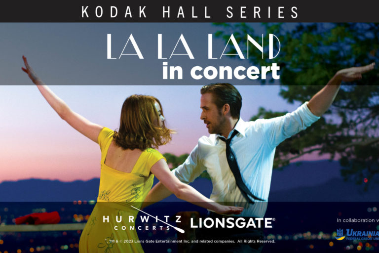 23COM72201_Update to La La Slider_Web Slider_MULTICROP A Black banner with the Words "Kodak Hall Series" sits atop an aimage of Ryan Gosling and Emma Stone dancing from the film La La Land