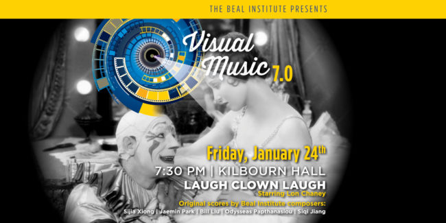 Graphic with a picture of a clown, in reference to "Laugh, Clown, Laugh" - a silent film being played while original student compositions are played to accompany it.