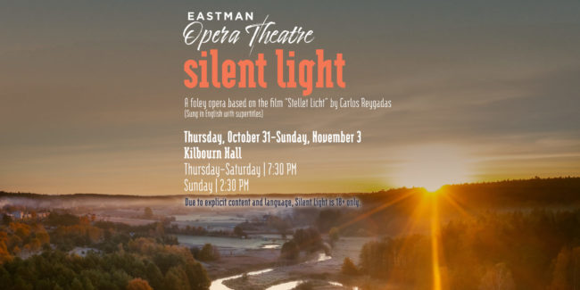 Sunset over a stream in a forested rural area with details about Eastman Opera Theatre's production of "silent light"