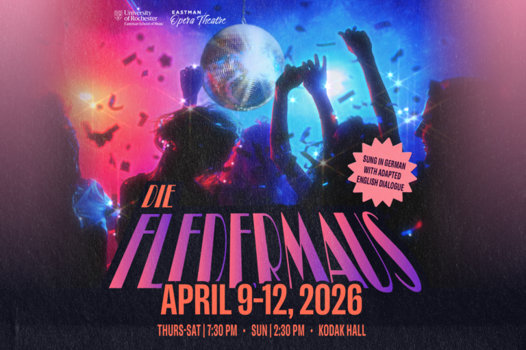 Promotional graphic for Eastman Opera Theatre's production of Die Fledermaus.
