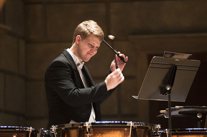 A timpanist in the Eastman Philharmonia, during the opening concert of Prismatic Debussy, October 2013