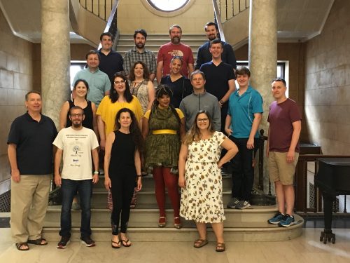 The inaugural APSI class Large group of student on staircase in Lowry Hall.