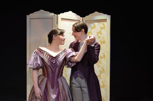 Cinderella (soprano Laura Sanders) and Prince Charmant/Prince Charming (mezzo soprano Elizebeth Barnes) meet for the first time