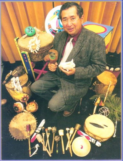 Louis Ballard with his native instrument collection