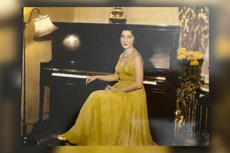 Gloria in Yellow Dress-resize Alumna Gloria Mikialian '45E in a yellow dress at the piano. Date unknown.