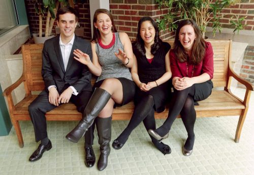 Stephen Humes with Soprano Caitleen Kahn β15E (MM), mezzo-soprano Megan Moore β15E, and pianist Florence Mak β17E (DMA) Stephen Humes with Soprano Caitleen Kahn β15E (MM), mezzo-soprano Megan Moore β15E, and pianist Florence Mak β17E (DMA)