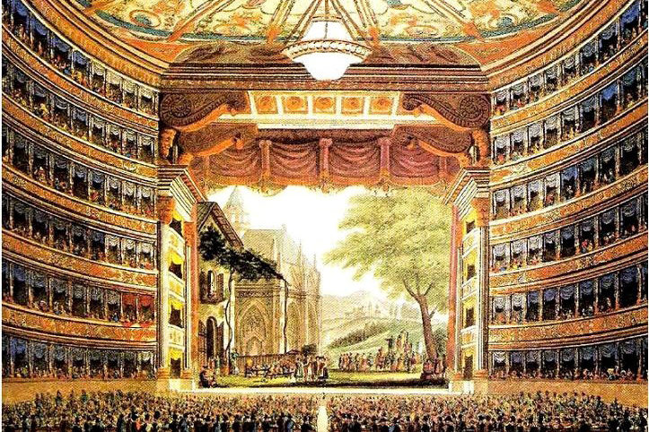 Organ and Italian Opera cropped A vintage drawing of a crowded opera hall.
