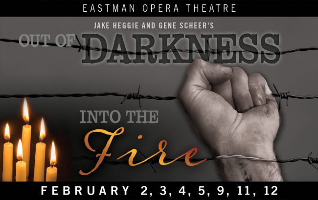 OutOfDarkness_opera_Web_1000x630 CORRECTED A poster of 5 candles and a fist holding barbed wire for Out of Darkness and Into the Fire productions.